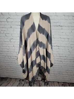Ketzali Beige & Grey Handmade Cotton Knit Open Wrap Poncho Cardigan O/S